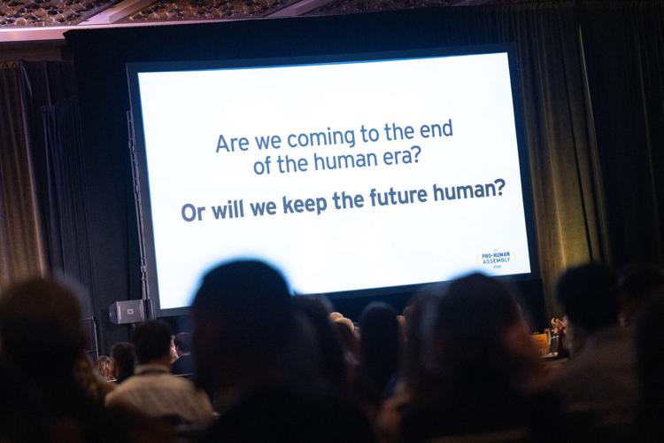 A slide is seen during a panel discussion during the The Pro-Human Assembly, convening the leadership of nearly every constituency of the pro-human movement in the wake of the rise of artificial intelligence, in Washington, D.C., Sept. 15, 2026.