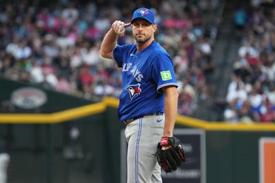 Toronto Blue Jays pitcher Max Scherzer reacts against the Arizona Diamondbacks at Chase Field.