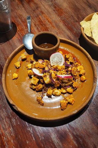 The dish pozole seco on Friday, March 21, 2025, in Colima, Mexico.