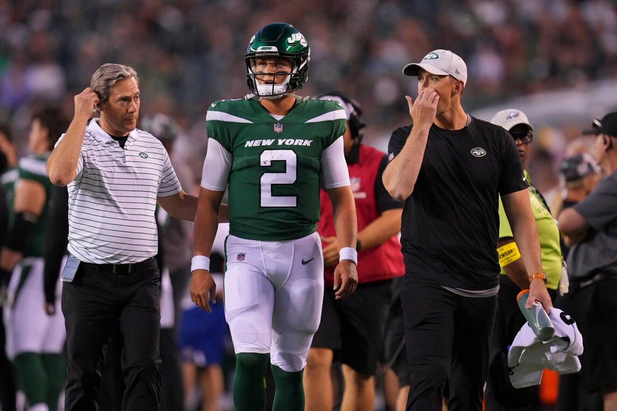 New York Jets quarterback Zach Wilson walks to the locker room after an injury against the Philadelphia Eagles in the first half of a preseason game at Lincoln Financial Field on Friday, Aug. 12, 2022, in Philadelphia.