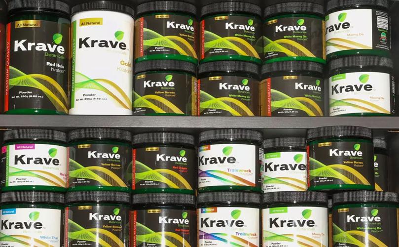 Kratom powder products are displayed at a Los Angeles smoke shop.