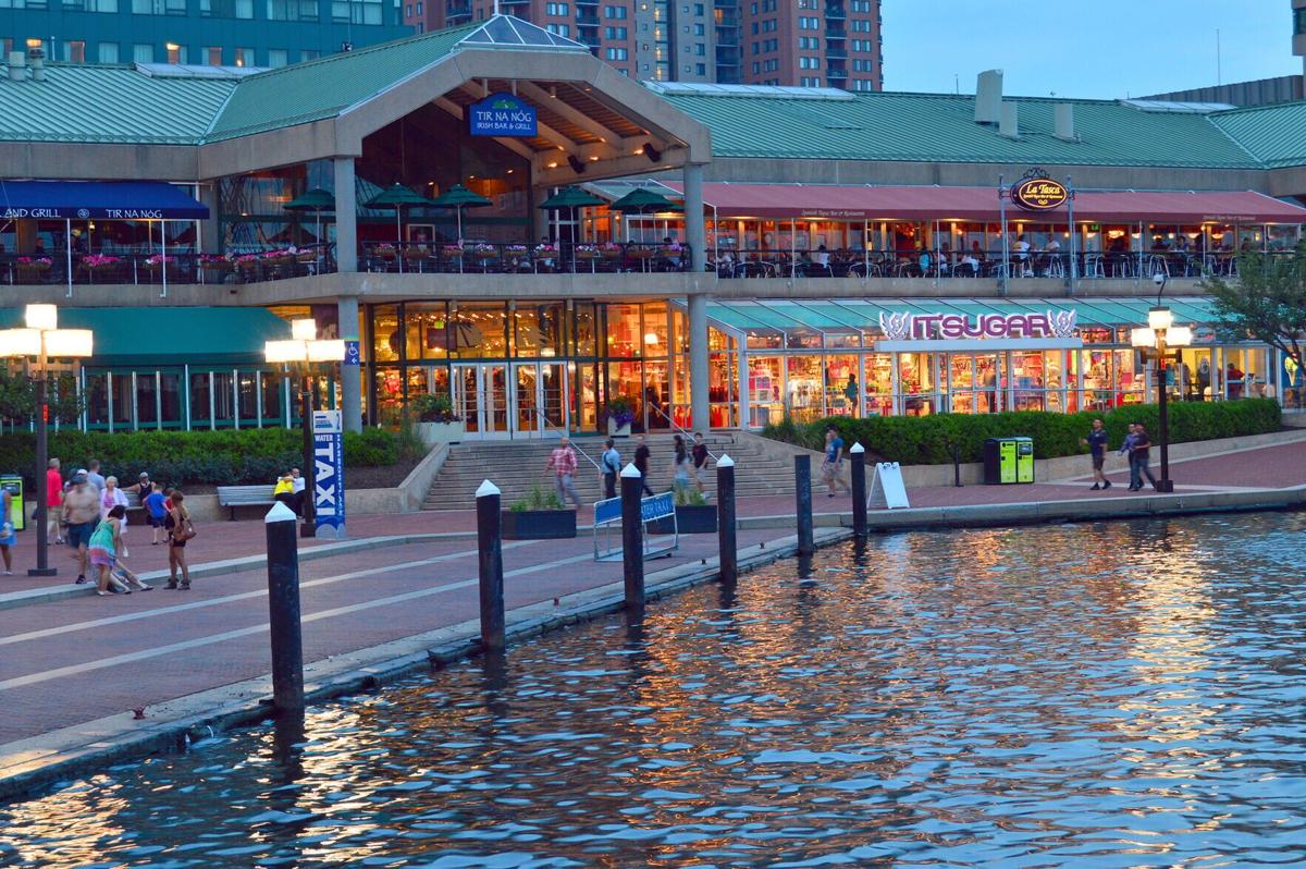 Visitors flock to Baltimore's Inner Harbor, which serves the Chesapeake Bay, the largest estuary in the U.S., bordered by the Susquehanna River on the north and the Atlantic Ocean on the south.
