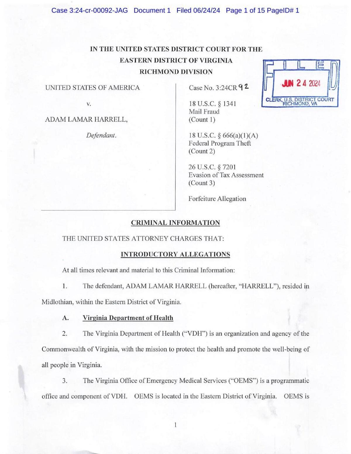 Office of EMS criminal information for Adam Harrell