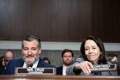 Chairman Ted Cruz and ranking member Maria Cantwell arrive at a Senate Commerce, Science and Transportation Committee hearing on April 2, 2025, in Washington, D.C..