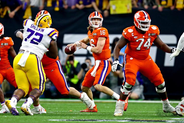 Clemson quarterback Trevor Lawrence (16) throws a pass against the LSU during the 2020 College Football Playoff national championship game at Mercedes-Benz Superdome.