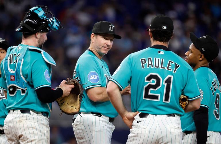 Marlins managerClayton McCullough during a pitching change.