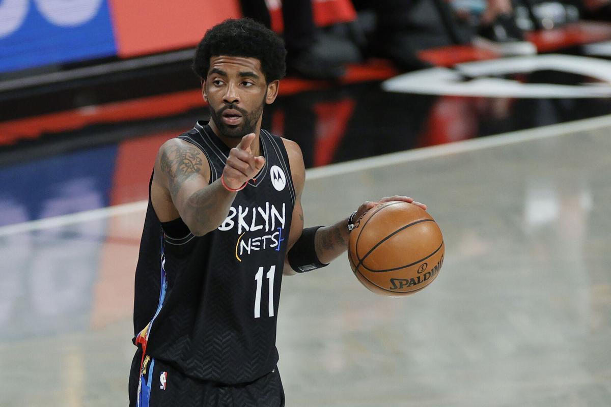 Kyrie Irving of the Brooklyn Nets calls a play during the second half against the Chicago Bulls at Barclays Center on May 15, 2021 in the Brooklyn borough of New York City.