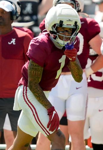 April 11, 2026; Tuscaloosa, AL, USA; Alabama Crimson Tide wide receiver Ryan Coleman-Williams (1) lines up for a play at
