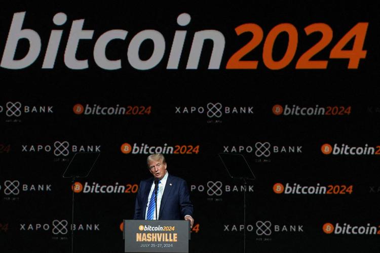 FILE PHOTO: Donald Trump speaks at a cryptocurrency event in Nashville, Tennessee, in 2024