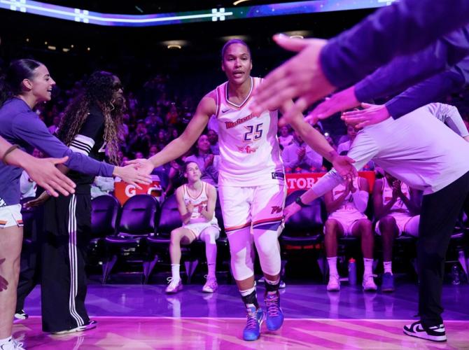 Phoenix Mercury forward Alyssa Thomas (25) is introduced before playing against the Golden State Valkyries in pre-season action