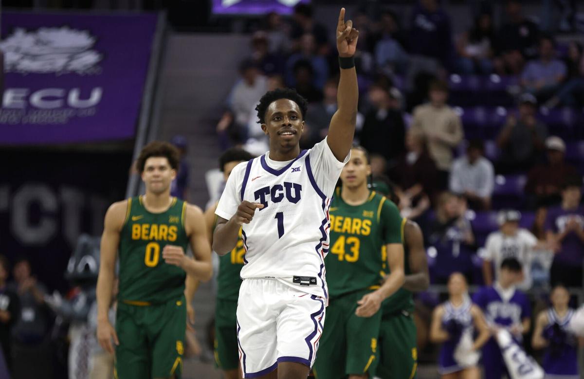 Jayden Pierre #1 of the TCU Horned Frogs celebrates in the final seconds of the game against the Baylor Bears on Jan. 3, 2026, in Fort Worth, Texas.