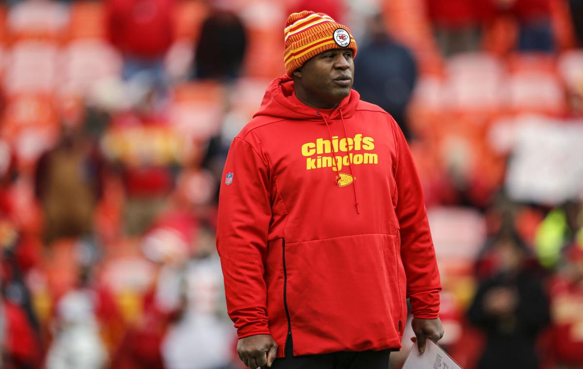 Kansas City Chiefs offensive coordinator Eric Bieniemy watches pregame warmups prior to the game against the Los Angeles Chargers at Arrowhead Stadium on December 29, 2019, in Kansas City, Missouri.
