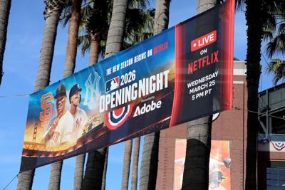 Netflix branding is seen during the MLB Opening Night Game as the San Francisco Giants play host to the New York Yankees, at Momo's on March 25, 2026, in San Francisco.