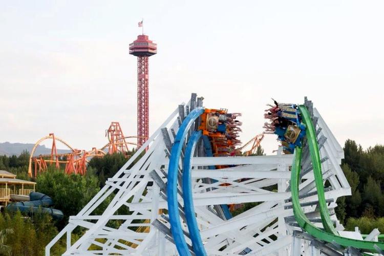 The Sky Tower looms over Twisted Colossus at Six Flags Magic Mountain in Valencia.