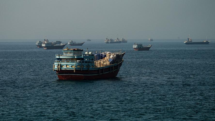 Vessels anchored at the Strait of Hormuz, as seen from Musandam, Oman