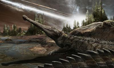Artist’s reconstruction shows a crocodilian looking upward as an asteroid strikes Earth’s surface 66 million years ago