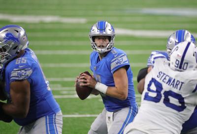 Detroit Lions quarterback Matthew Stafford looks to pass against the Indianapolis Colts during the second half at Ford Field on Nov. 1, 2020.