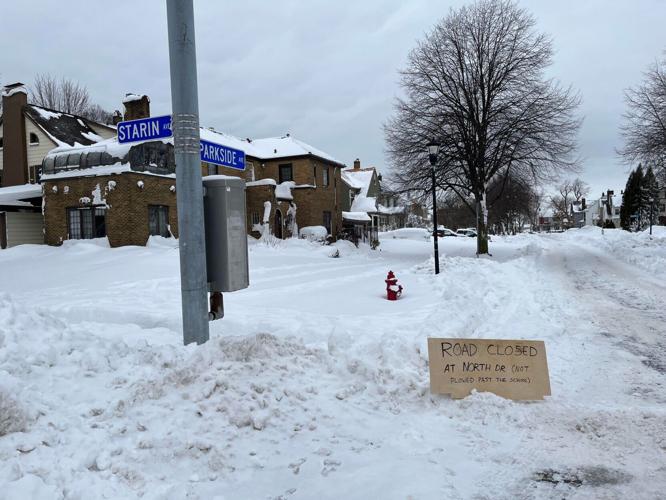 Makeshift road closed sign blizzard