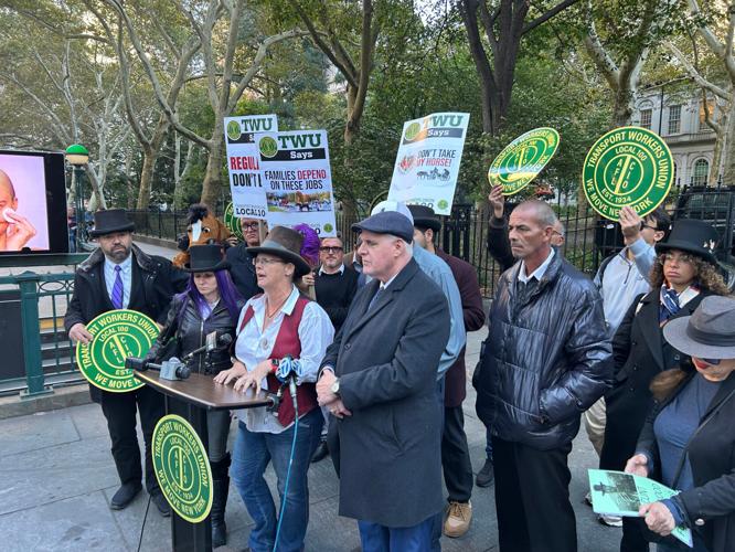 Members of the Transport Workers Union of America, which represents horse carriage drivers in New York City, speak out against the city council's decision to ban horse-drawn carriages by June 2028.