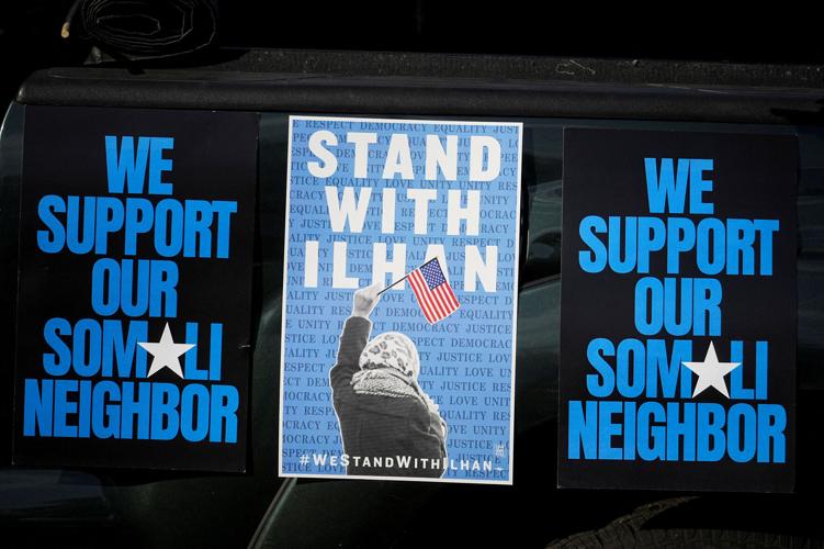 Supporters of Democratic US Representative Ilhan Omar of Minnesota attend a rally in Minneapolis after federal authorities conducted a predawn raid on Omar's Washington, DC-area home