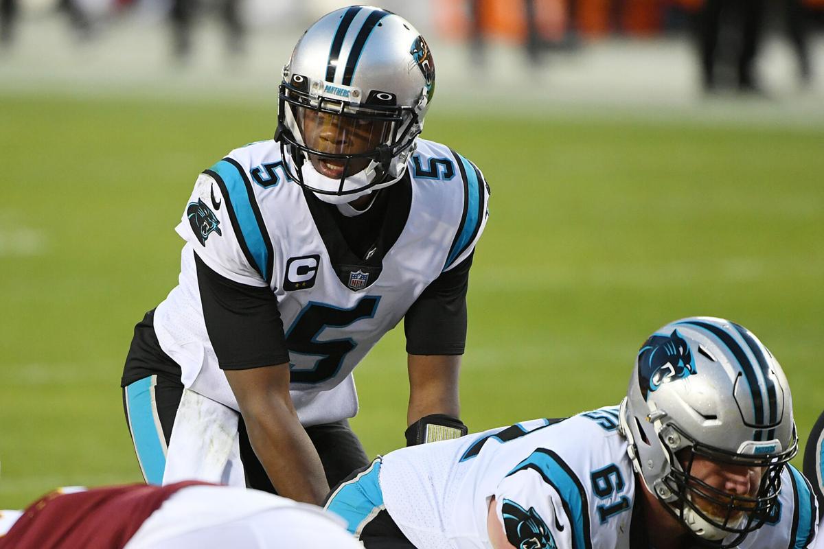 Carolina Panthers quarterback Teddy Bridgewater under center against the Washington Football Team at FedExField on December 27, 2020, in Landover, Maryland.