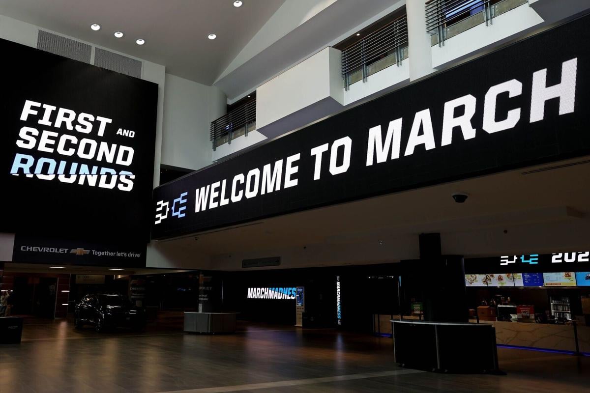 March Madness logos ahead of the NCAA Men's Basketball Tournament at Xfinity Mobile Arena on March 19, 2026, in Philadelphia.