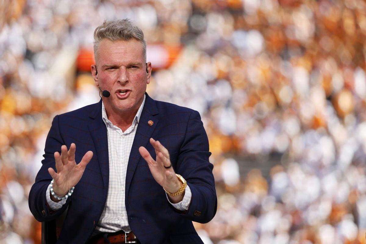 College Gameday analyst Pat McAfee reacts prior to the game between the Texas Longhorns and the Tennessee Volunteers at Neyland Stadium on Sept. 26, 2026, in Knoxville, Tenn..