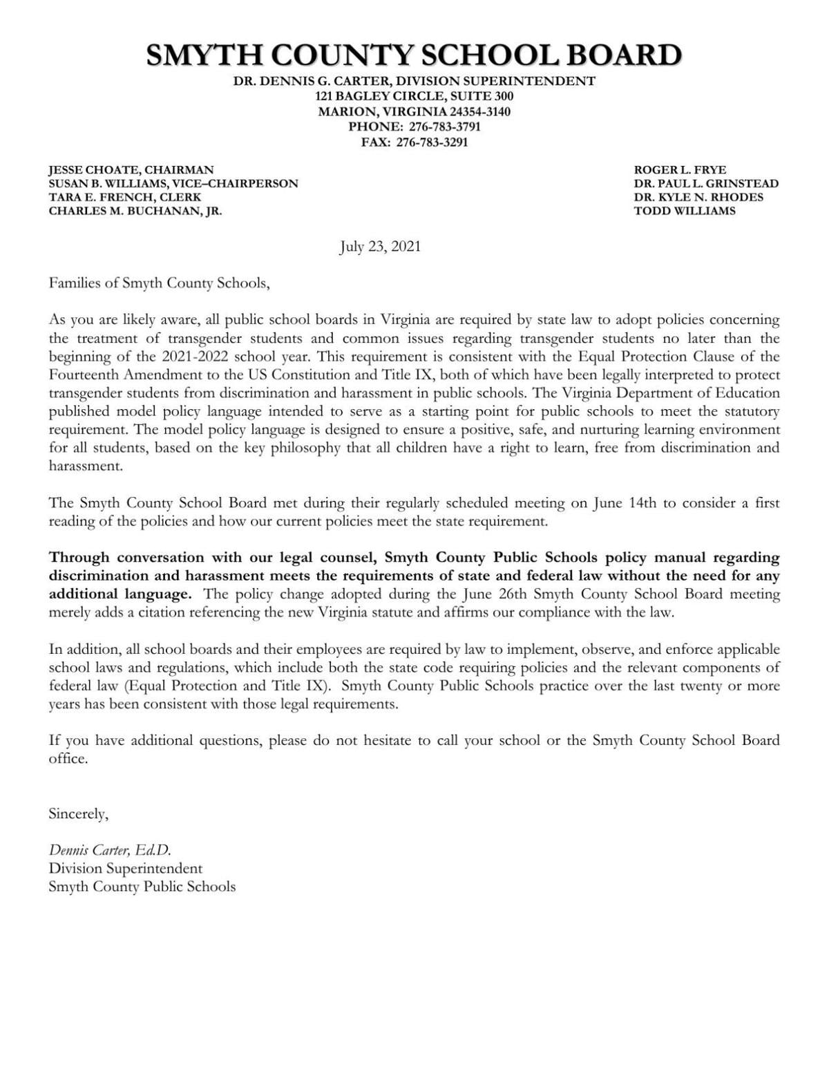 Dennis Carter letter to parents