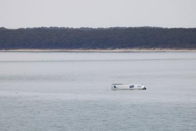 A truck in the Chesapeake Bay after crashing off the Chesapeake Bay Bridge Tunnel near Fishermans Island in Cape Charles, Va., on February 15, 2026.