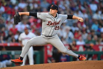 Detroit Tigers pitcher Tarik Skubal throws against the Los Angeles Angels during the third inning at Angel Stadium.