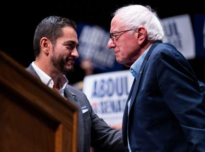 Democratic Senate candidate Abdul El-Sayed, left, and U.S. Sen. Bernie Sanders, I-Vermont, campaign in Detroit on July 18, 2026.