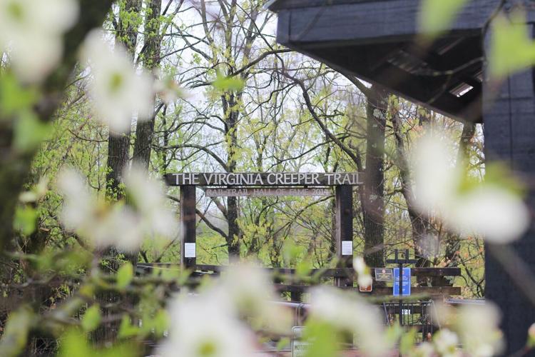 Springtime view of the Virginia Creeper Trail trailhead area in downtown Abingdon, Virginia.