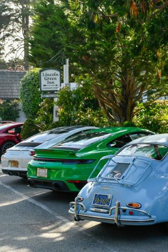 Porsches lined up near Lincoln Green.