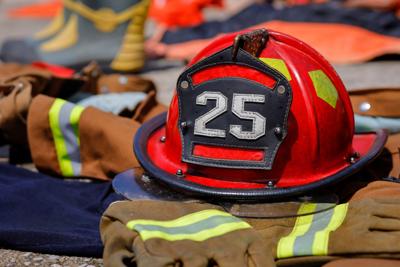 STOCK helmet for firefighters work safety concept.