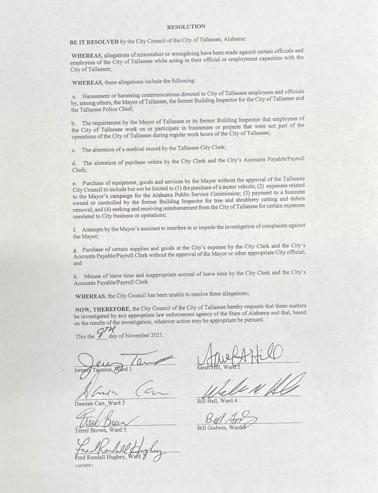 Tallassee resolution on allegations