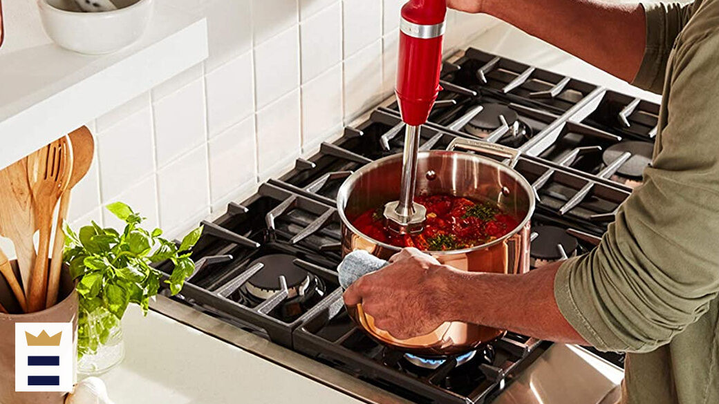An immersion blender is a handheld blender that's ideal for light kitchen tasks such as quick purees, blended soups, whipped cream and salad dressings.