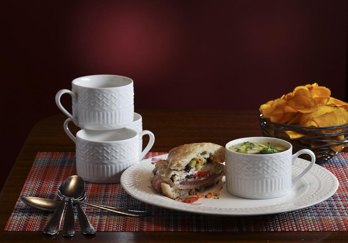 Spicy broccoli soup with a hot sandwich, prepared and styled by Shannon Kinsella, in her house, Wednesday Jan. 13, 2021.