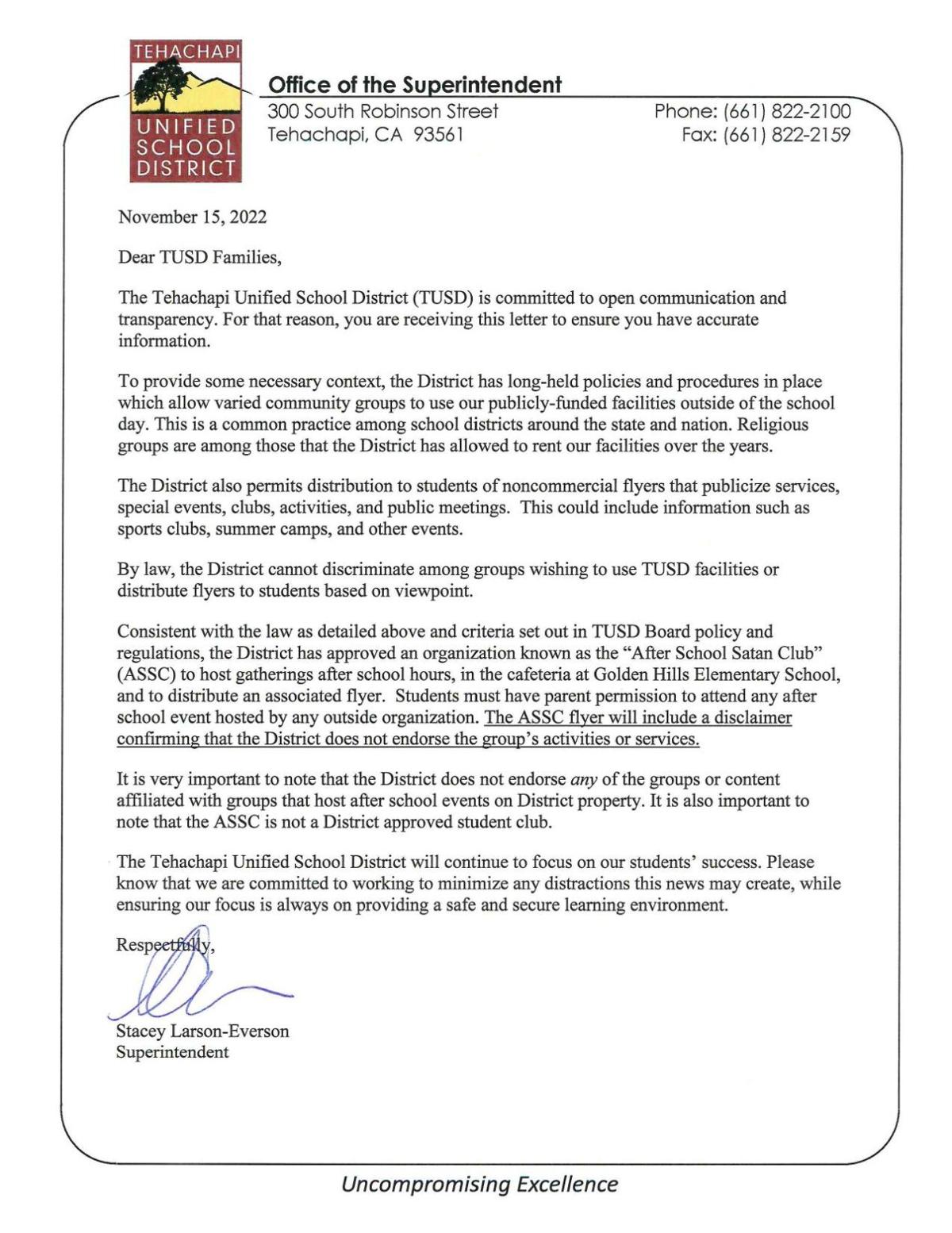 TUSD superintendent's letter regarding the After School Satan Club