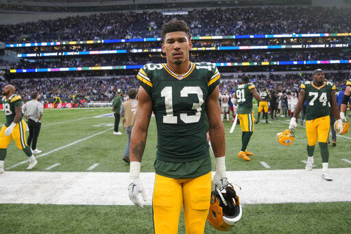 New York Giants running back Gary Brightwell (23) runs up the field during  an NFL football game against the Green Bay Packers at Tottenham Hotspur  Stadium in London, Sunday, Oct. 9, 2022.