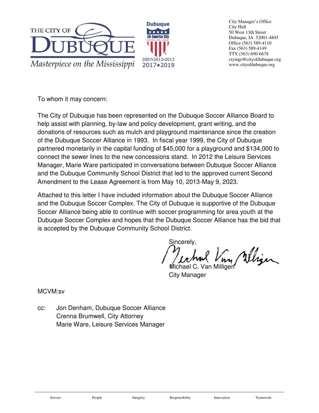 City of Dubuque letter of support for Dubuque Soccer Alliance