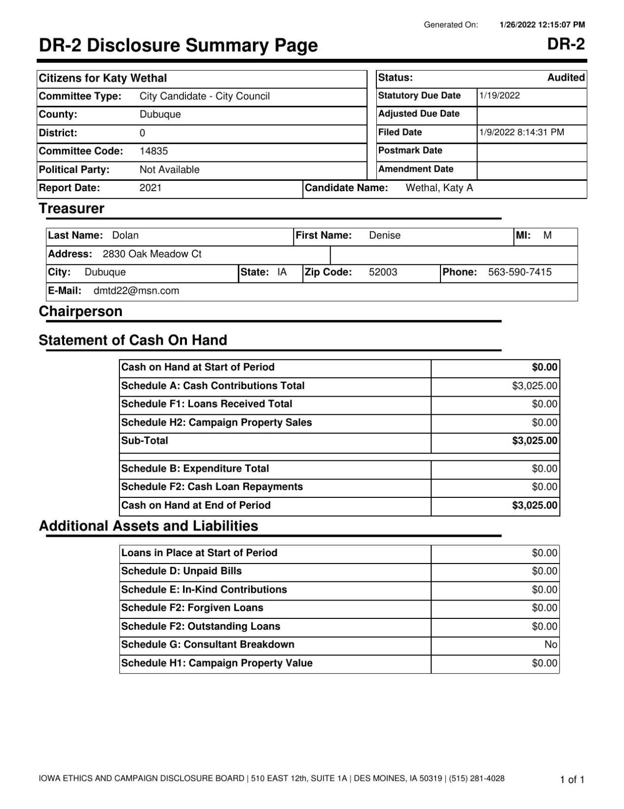 Katy Wethal campaign finance report Jan. 19