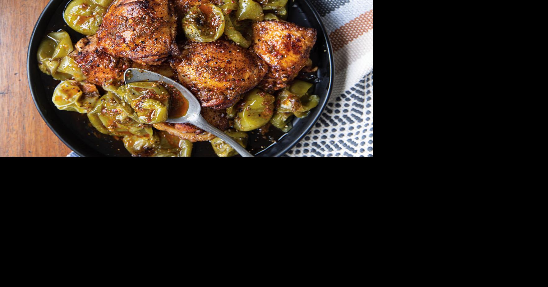 A tangy dressing flavors this recipe for Mex-Italian Chicken Thighs with Roasted Tomatillos