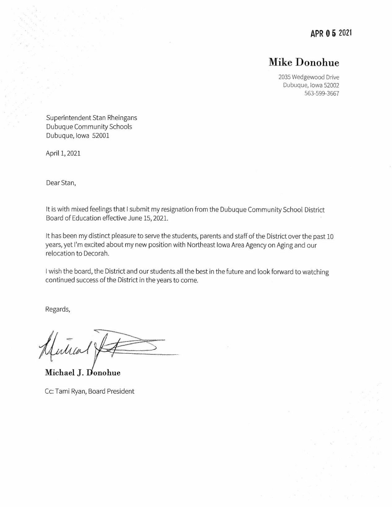 resignation letter to school district