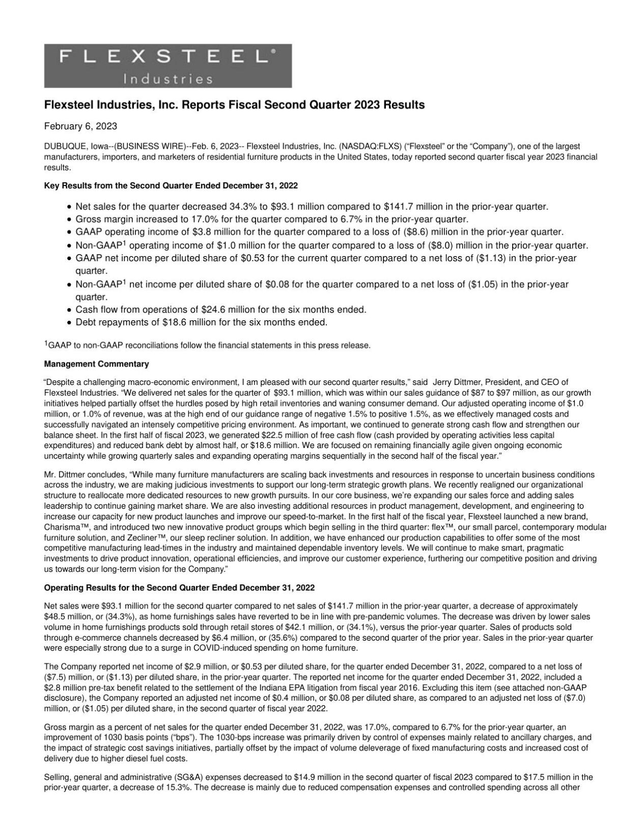 Flexsteel Industries' secondquarter results