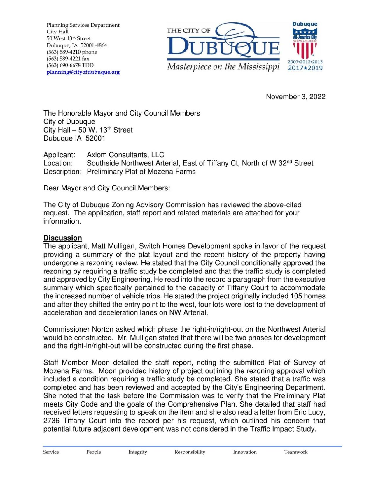 Zoning Advisory Commission letter