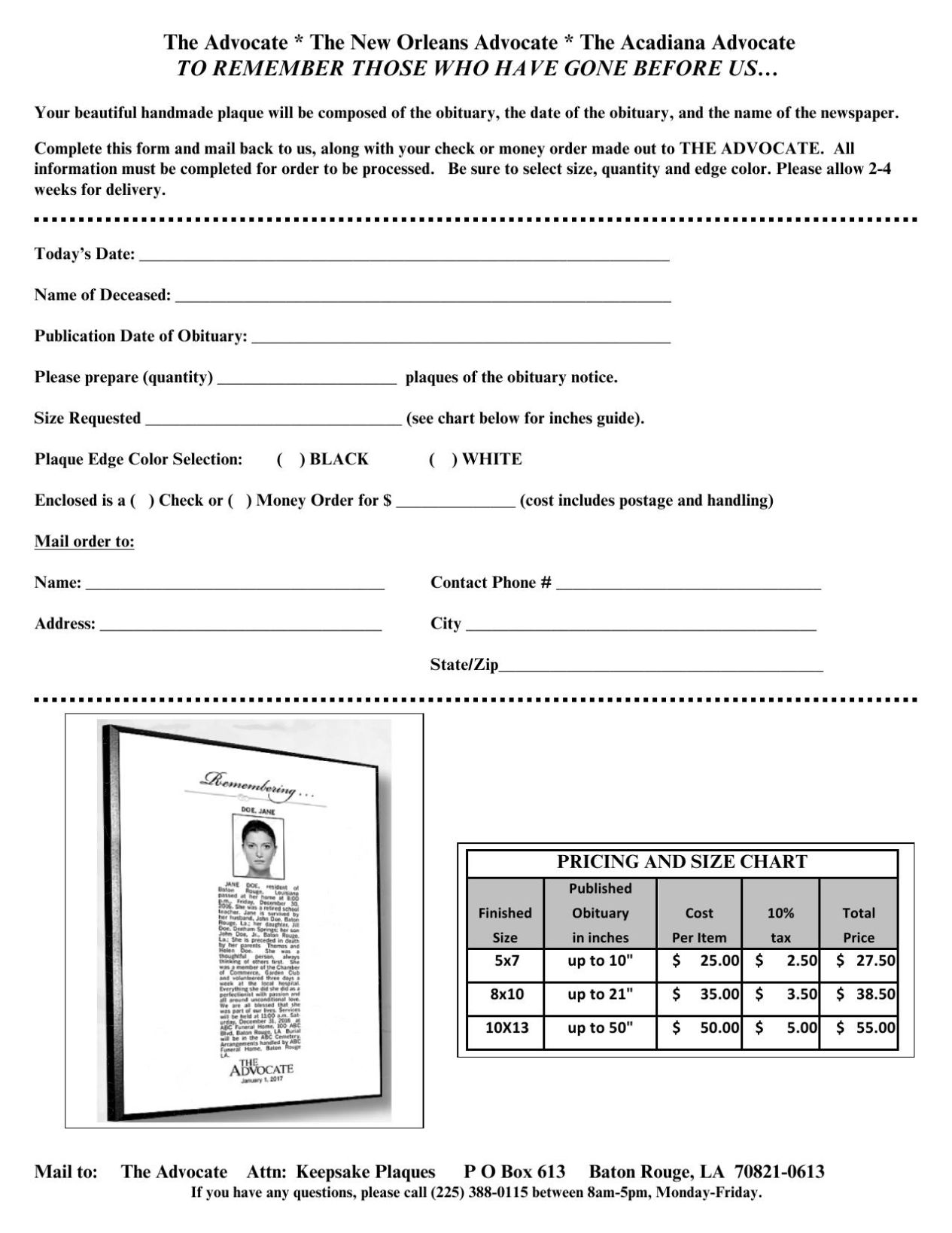 Obituary Keepsake Order Form