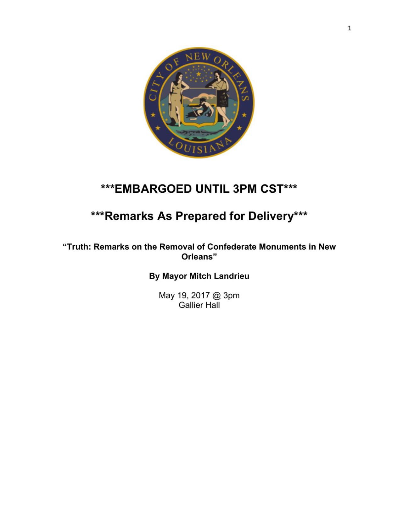 Full text of Mitch Landrieu's Friday speech on monument removals