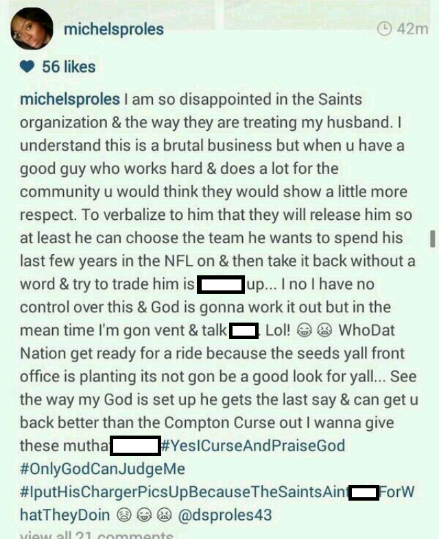 Wife of Darren Sproles blasts Saints in post on Instagram