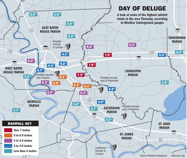Rainfall totals of 57 inches inundate Baton Rouge area and trigger flash floods that kill 1