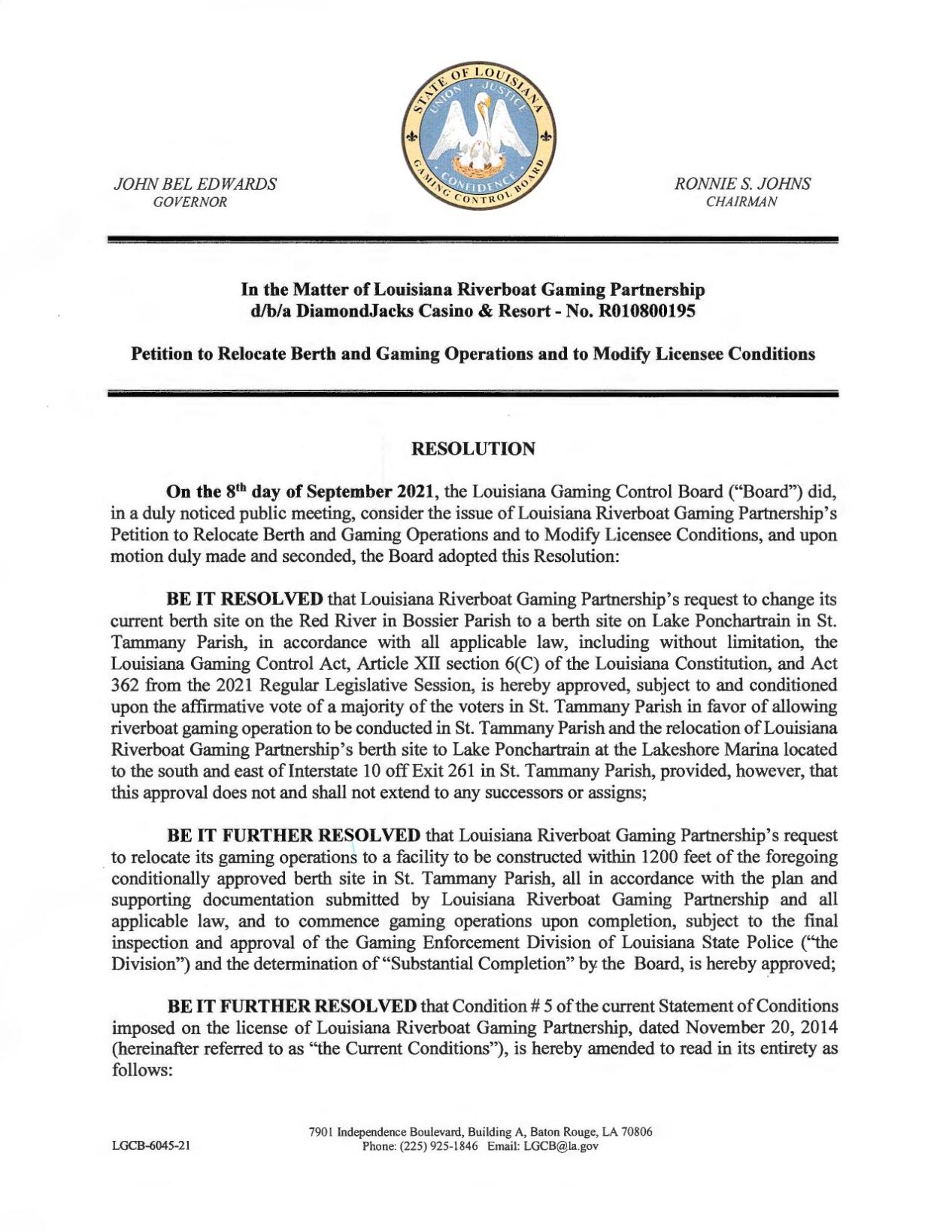 Gaming Control Board resolution of 09/08/2021 allowing resolution on St